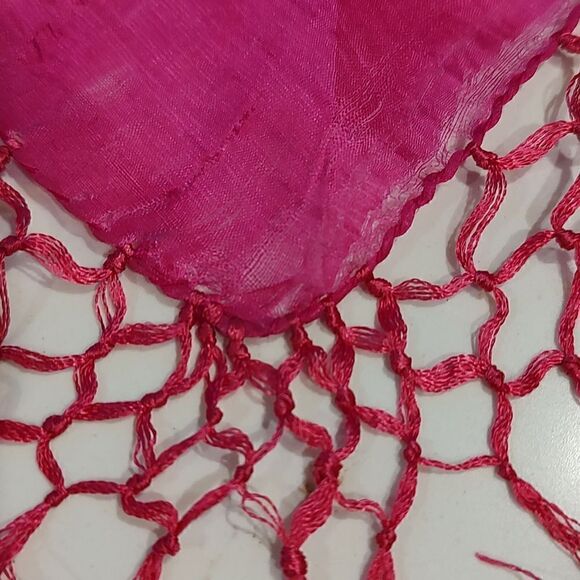 Raw Silk Square Fringed Deep Pink Scarf - Picture 4 of 6